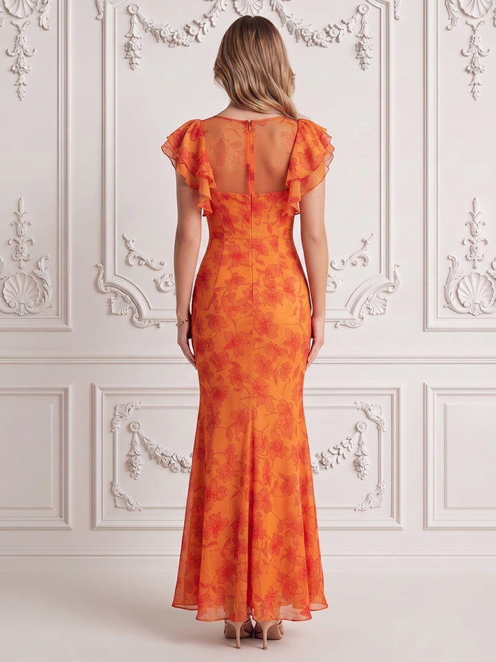 Chiffon Mermaid Jewel Neck Floral Print Formal Dresses