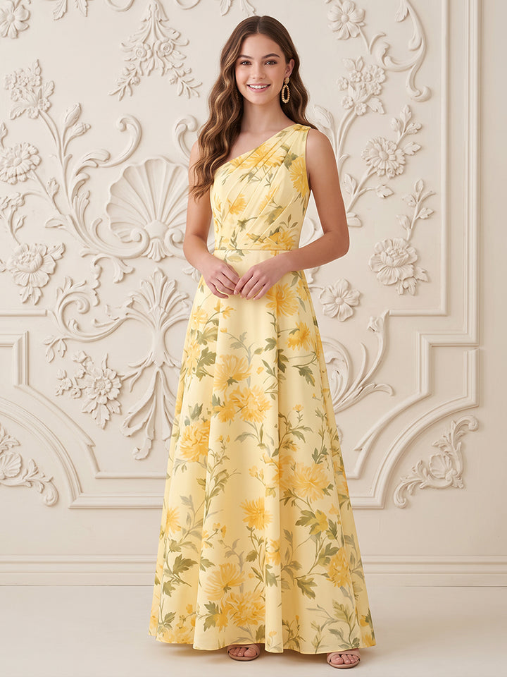 Satin A Line One Shoulder Pleats High Waist Formal Dresses