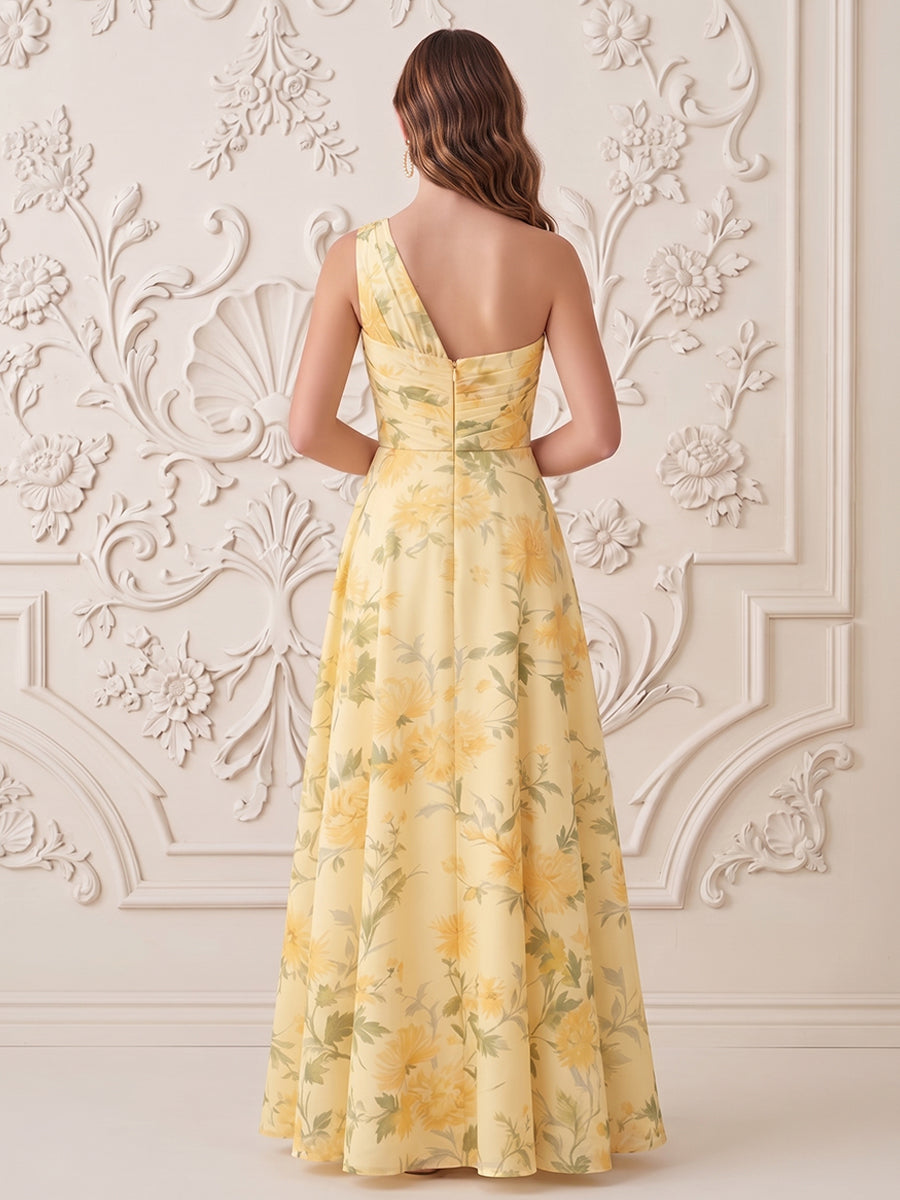 Satin A Line One Shoulder Pleats High Waist Formal Dresses