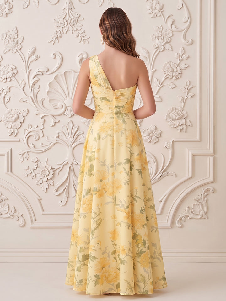 Satin A Line One Shoulder Pleats High Waist Formal Dresses