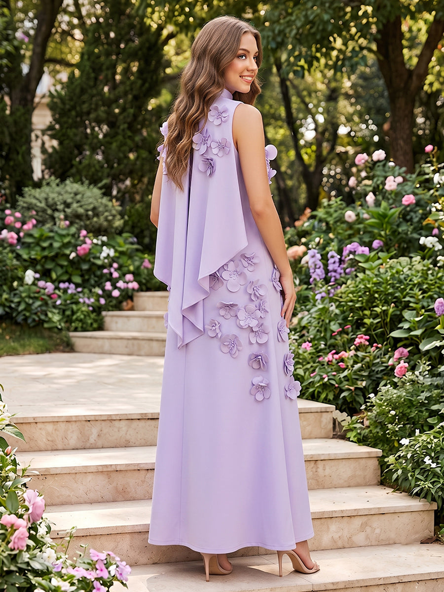 Satin A Line Halter 3D Flowers Formal Dresses
