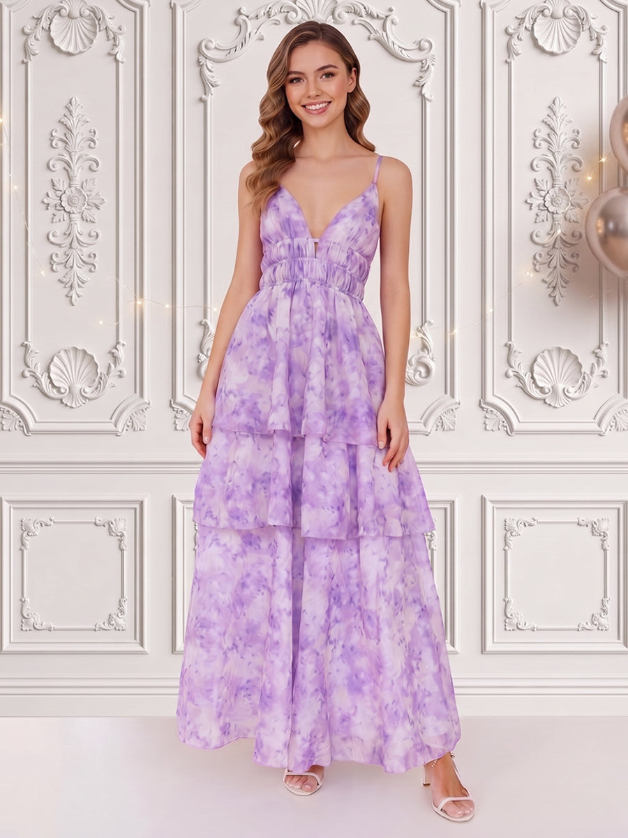 Chiffon A Line Spaghetti Straps Pleats Tiered Formal Dresses