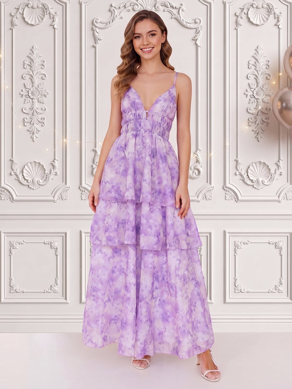 Chiffon A Line Spaghetti Straps Pleats Tiered Formal Dresses