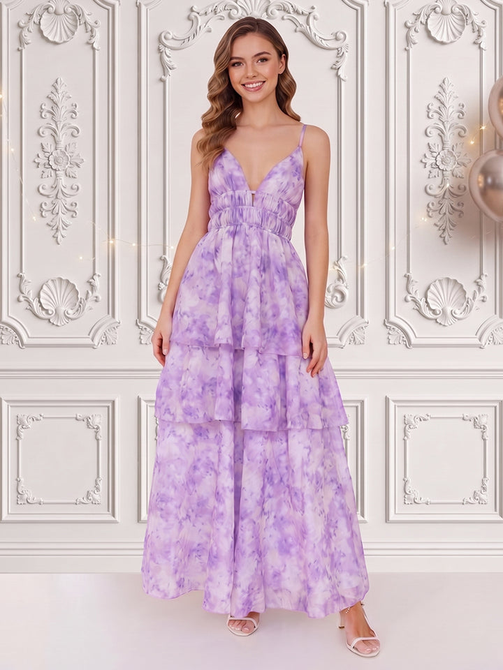 Chiffon A Line Spaghetti Straps Pleats Tiered Formal Dresses