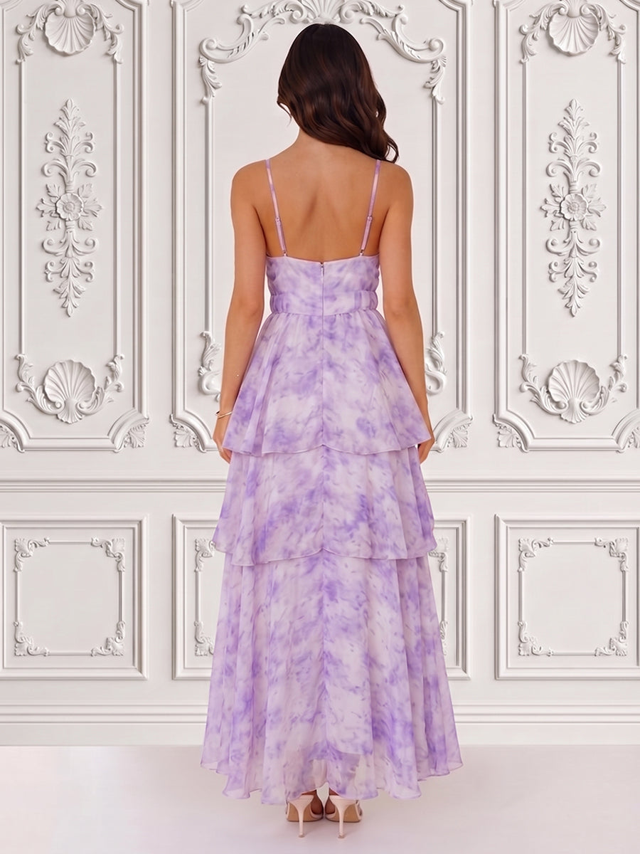 Chiffon A Line Spaghetti Straps Pleats Tiered Formal Dresses
