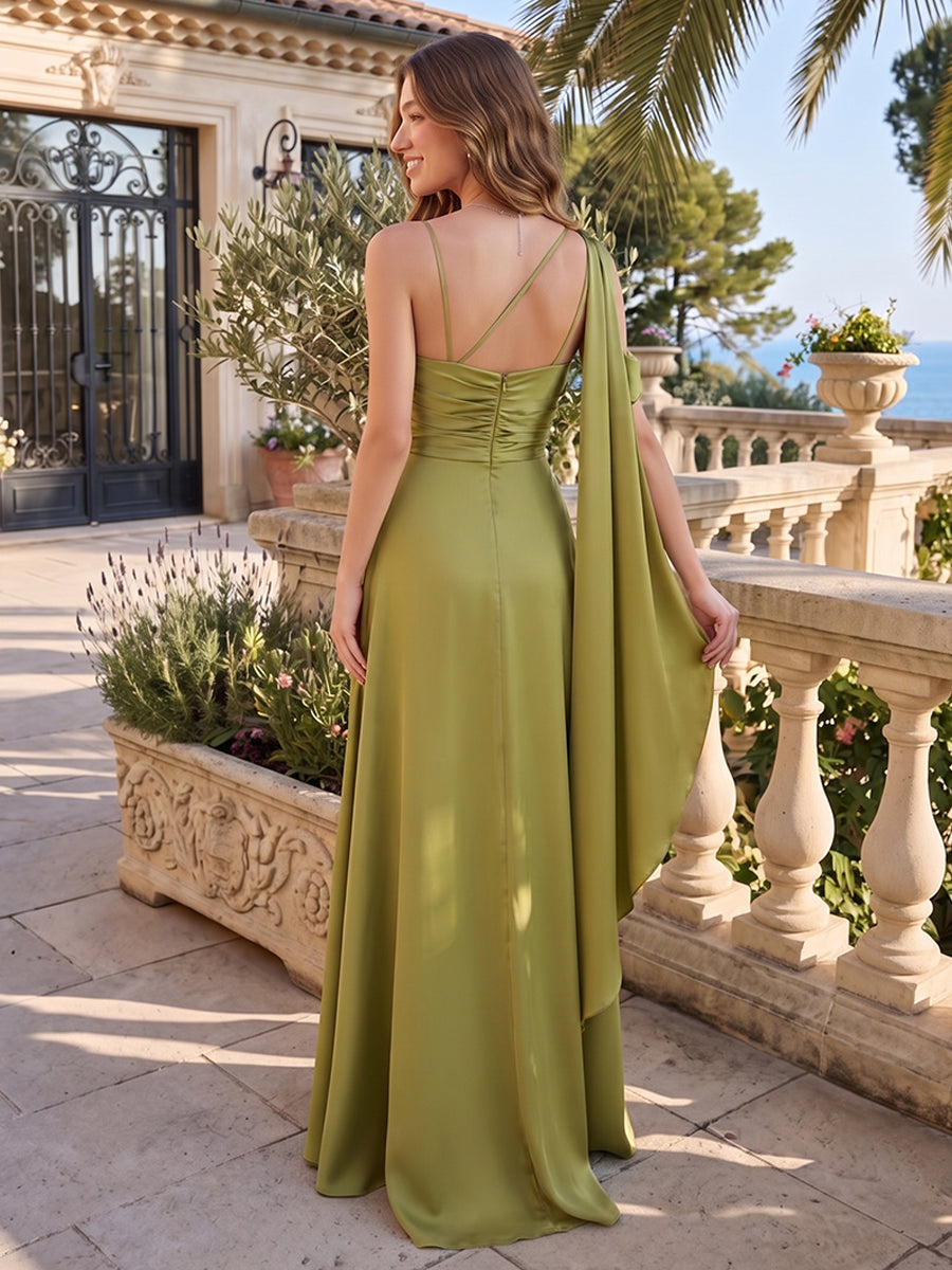 Satin A Line One Shoulder Pleats Asymmetrical Formal Dresses