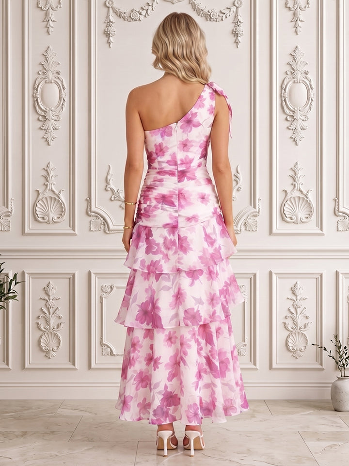 Chiffon A Line One Shoulder Floral Print Tiered Formal Dresses