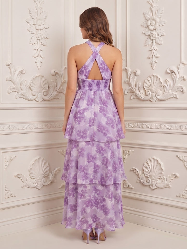 Chiffon A Line Halter Floral Print Tiered Formal Dresses