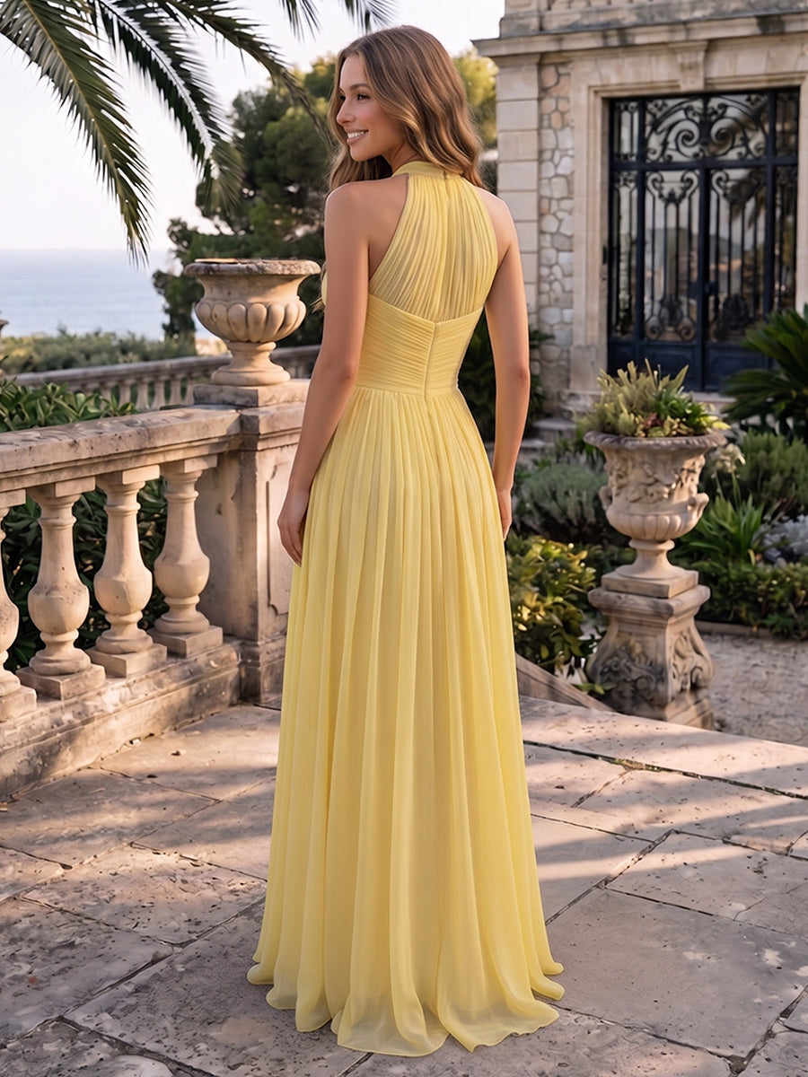 Chiffon A Line Halter 3D Flowers Pleated Formal Dresses