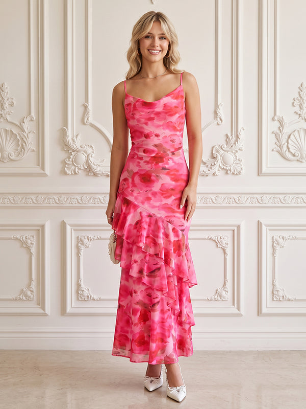 Chiffon Mermaid Spaghetti Straps Floral Print Formal Dresses