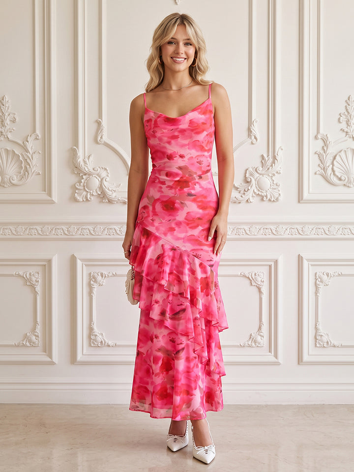 Chiffon Mermaid Spaghetti Straps Floral Print Formal Dresses