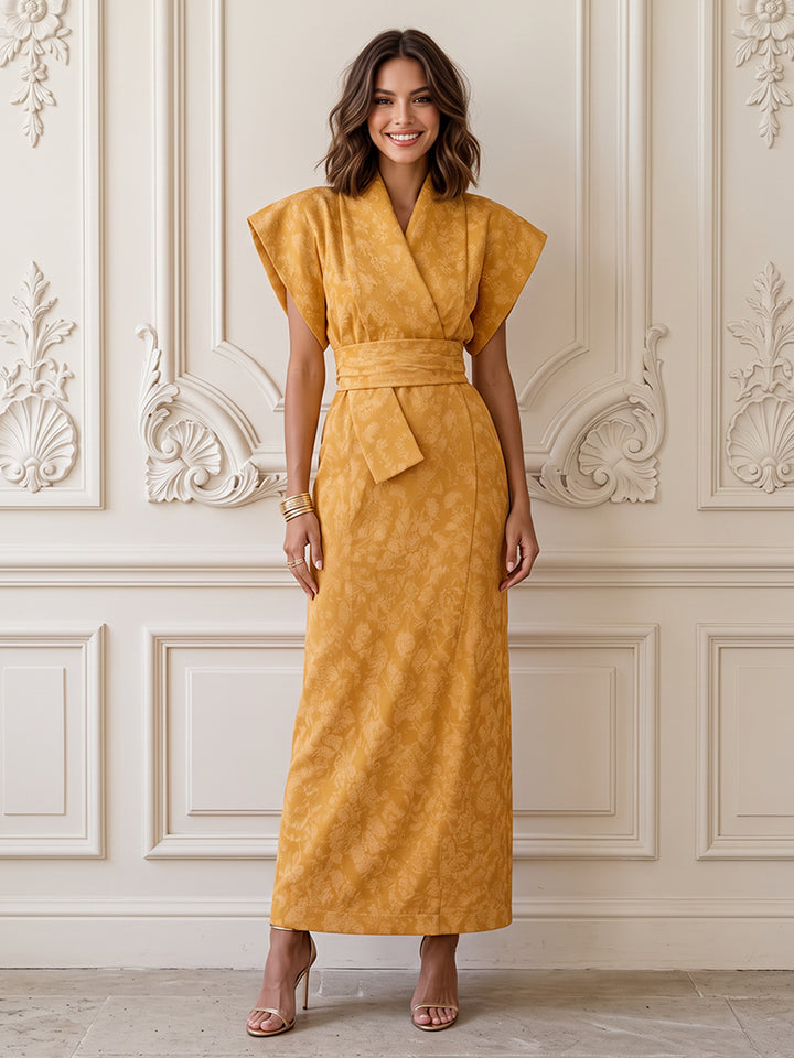 Satin Jacquard A Line V Neck Ruffles Sleeves Formal Dresses