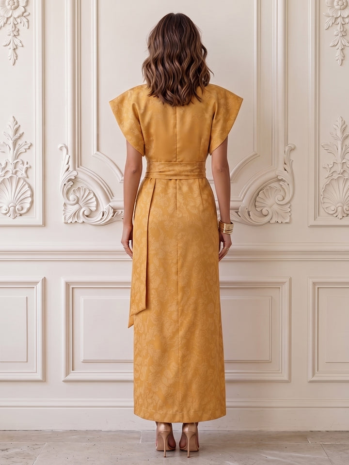 Satin Jacquard A Line V Neck Ruffles Sleeves Formal Dresses