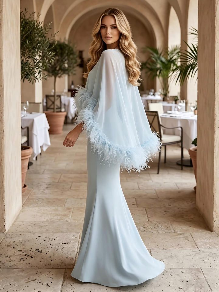 Chiffon Mermaid Jewel Neck with Feather Formal Dresses