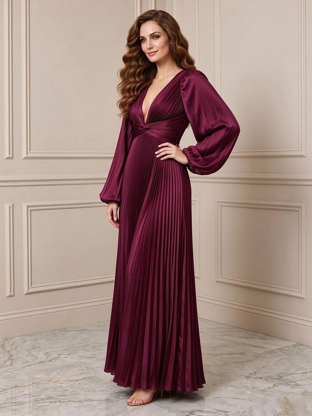 Satin A Line V Neck Pleats Formal Dresses