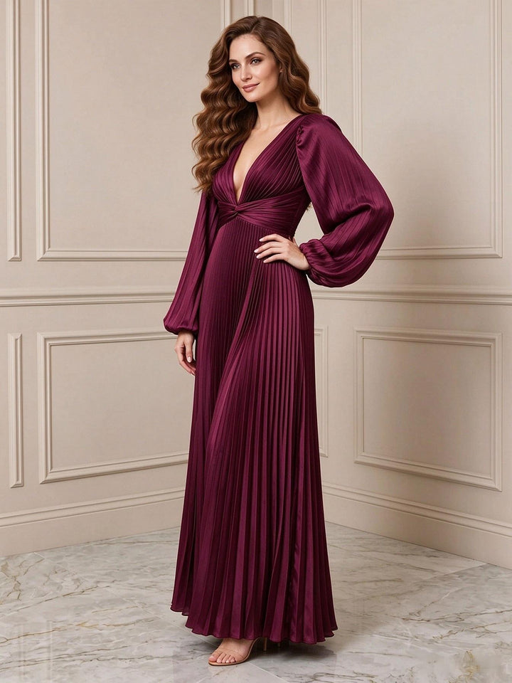 Satin A Line V Neck Pleats Formal Dresses