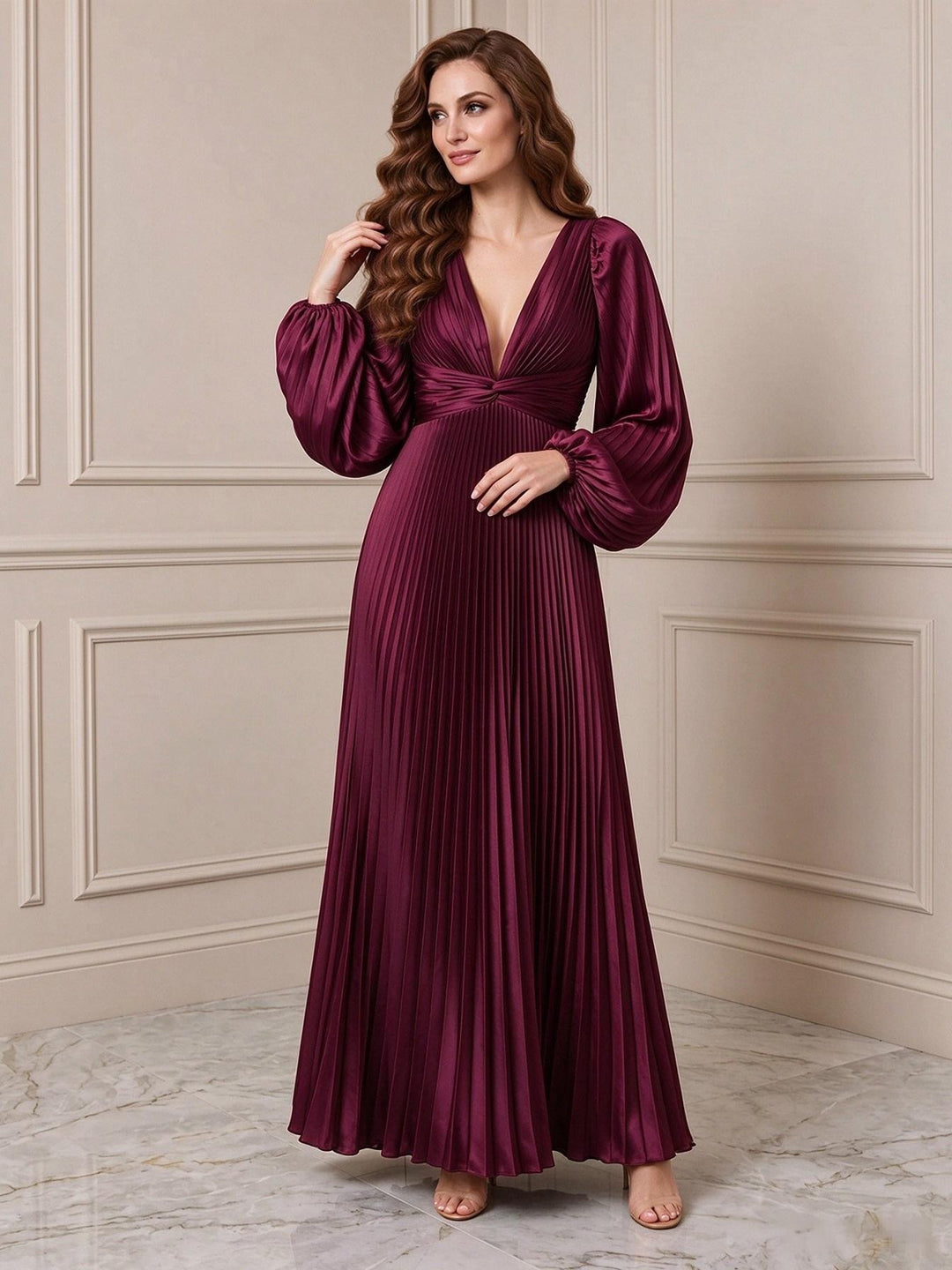 Satin A Line V Neck Pleats Formal Dresses