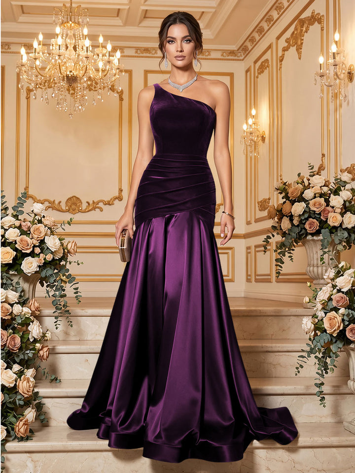 Velvet Mermaid One Shoulder Floor Length Splicing Formal Dresses Maxi Evening Dresses