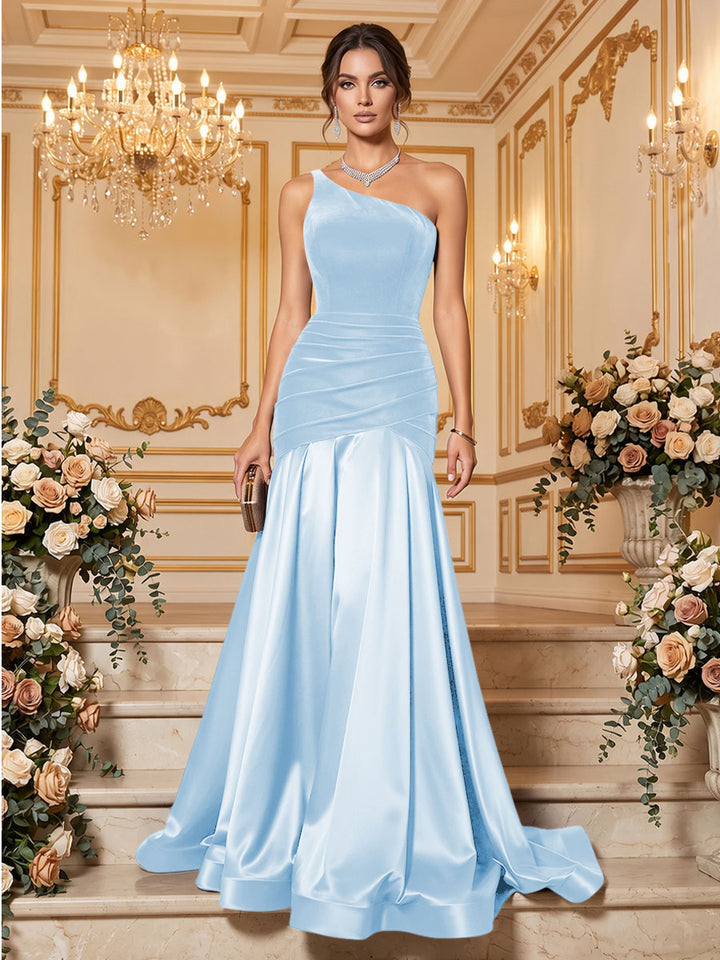Velvet Mermaid One Shoulder Floor Length Splicing Formal Dresses Maxi Evening Dresses