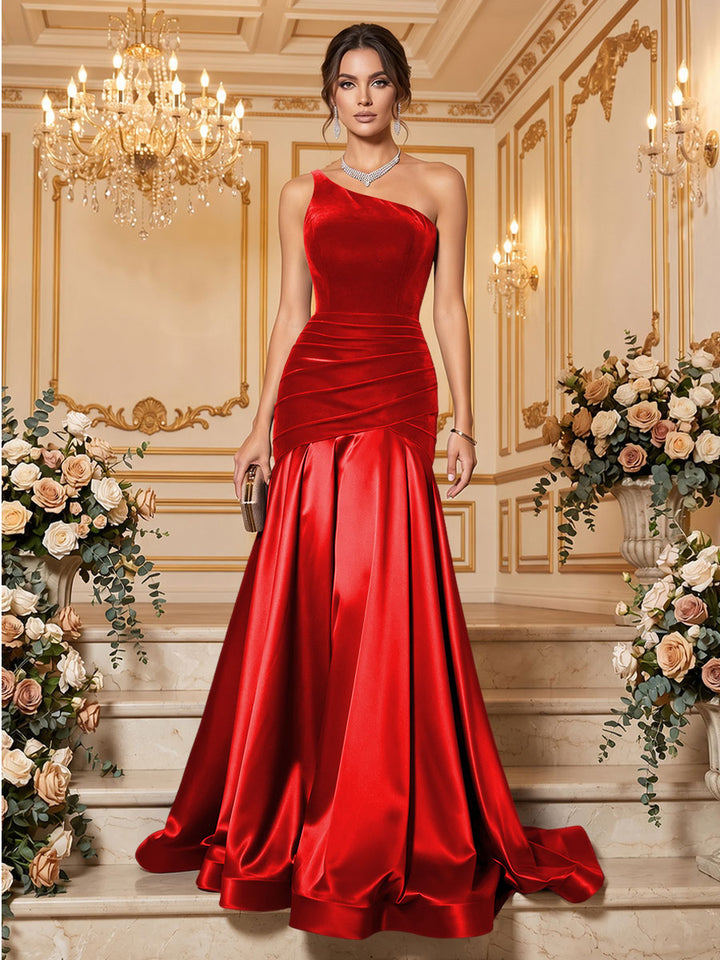 Velvet Mermaid One Shoulder Floor Length Splicing Formal Dresses Maxi Evening Dresses