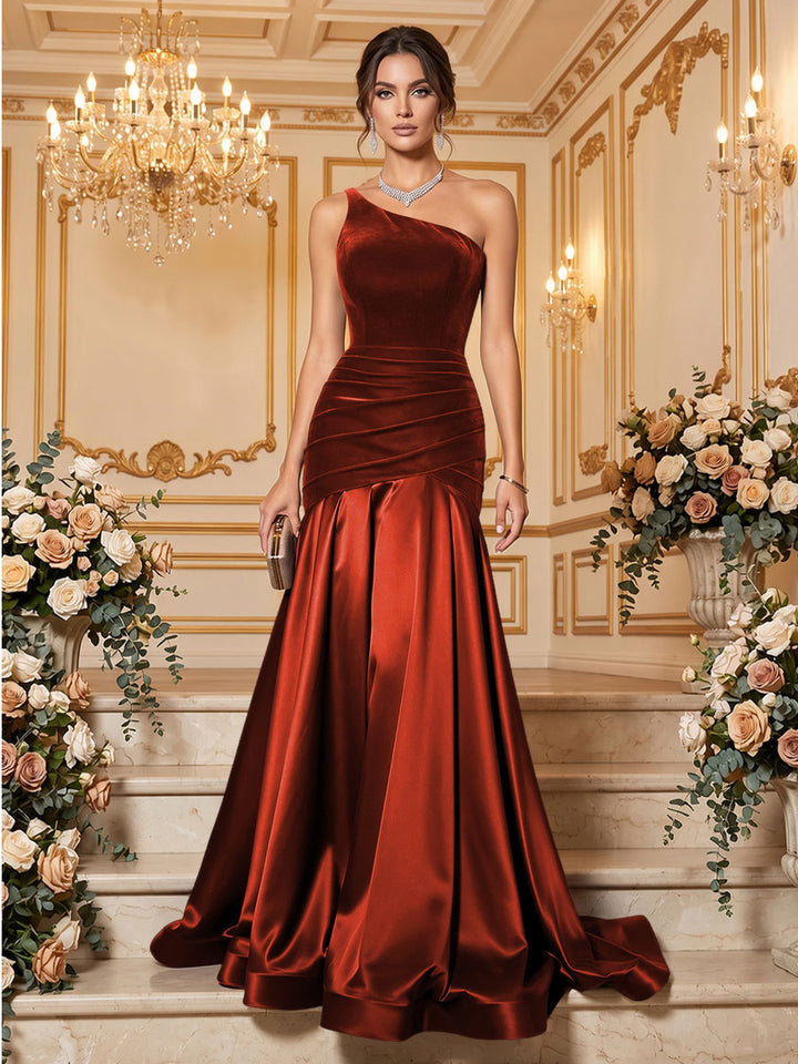 Velvet Mermaid One Shoulder Floor Length Splicing Formal Dresses Maxi Evening Dresses