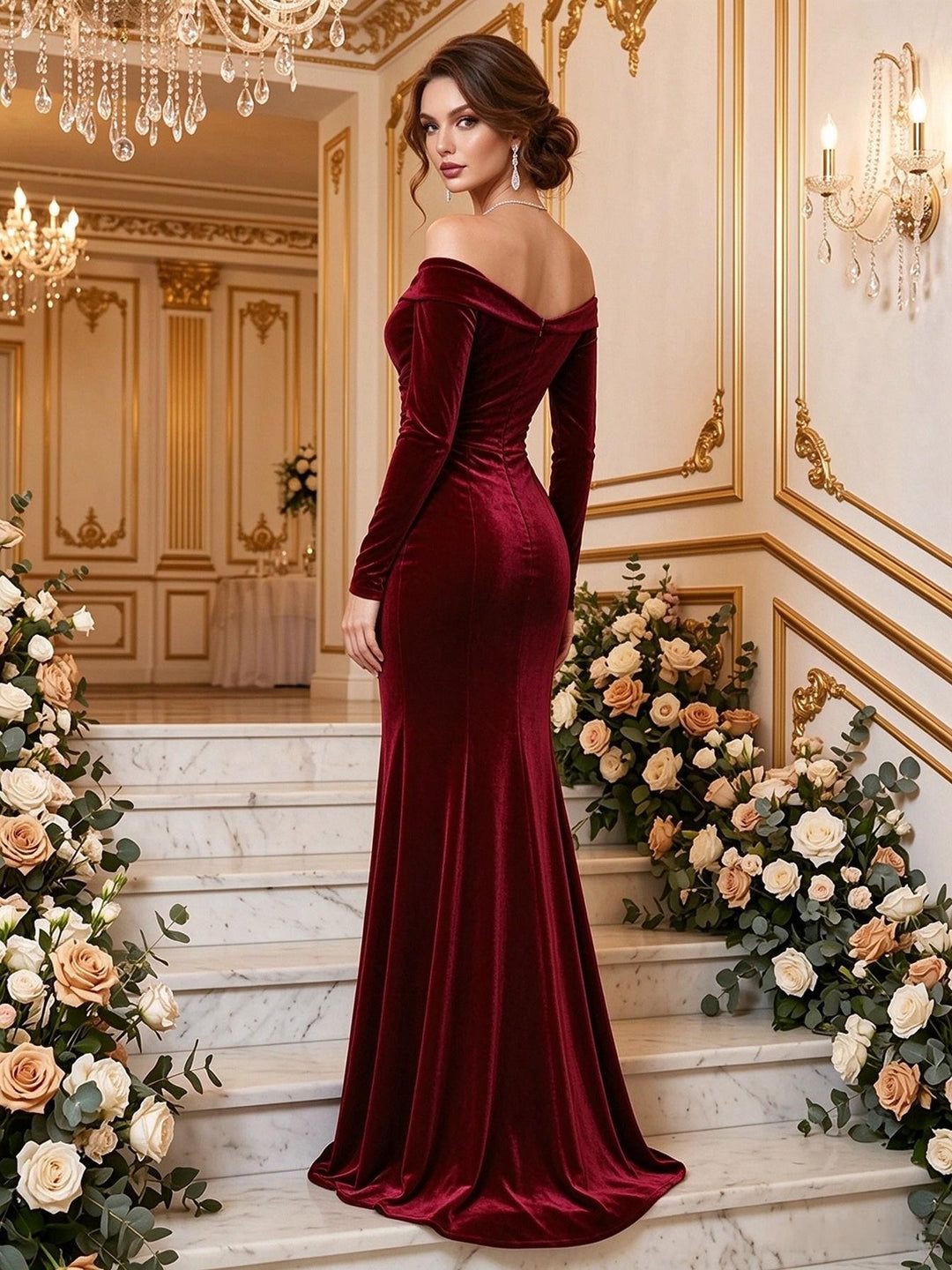 Velvet Mermaid Off the Shoulder Floor Length Ruched Formal Dresses Maxi Evening Dresses