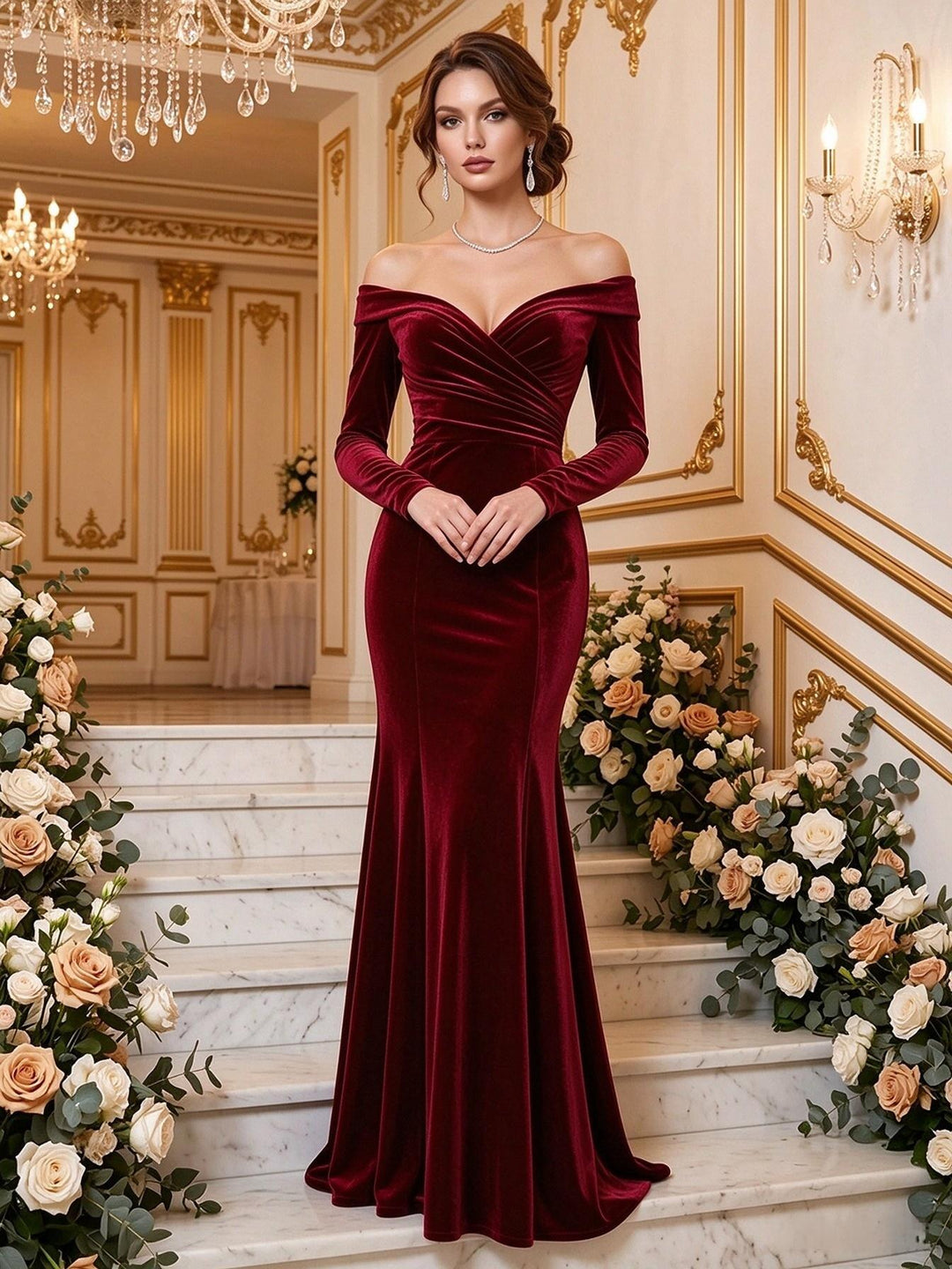 Velvet Mermaid Off the Shoulder Floor Length Ruched Formal Dresses Maxi Evening Dresses