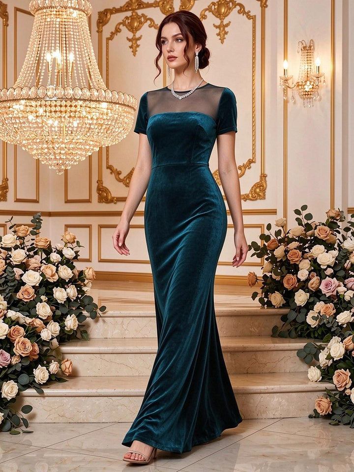Velvet Mermaid Round Neck Floor Length Splicing Formal Dresses Maxi Evening Dresses