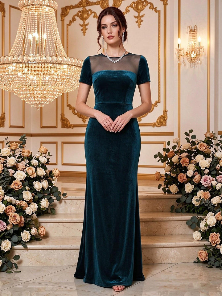 Velvet Mermaid Round Neck Floor Length Splicing Formal Dresses Maxi Evening Dresses