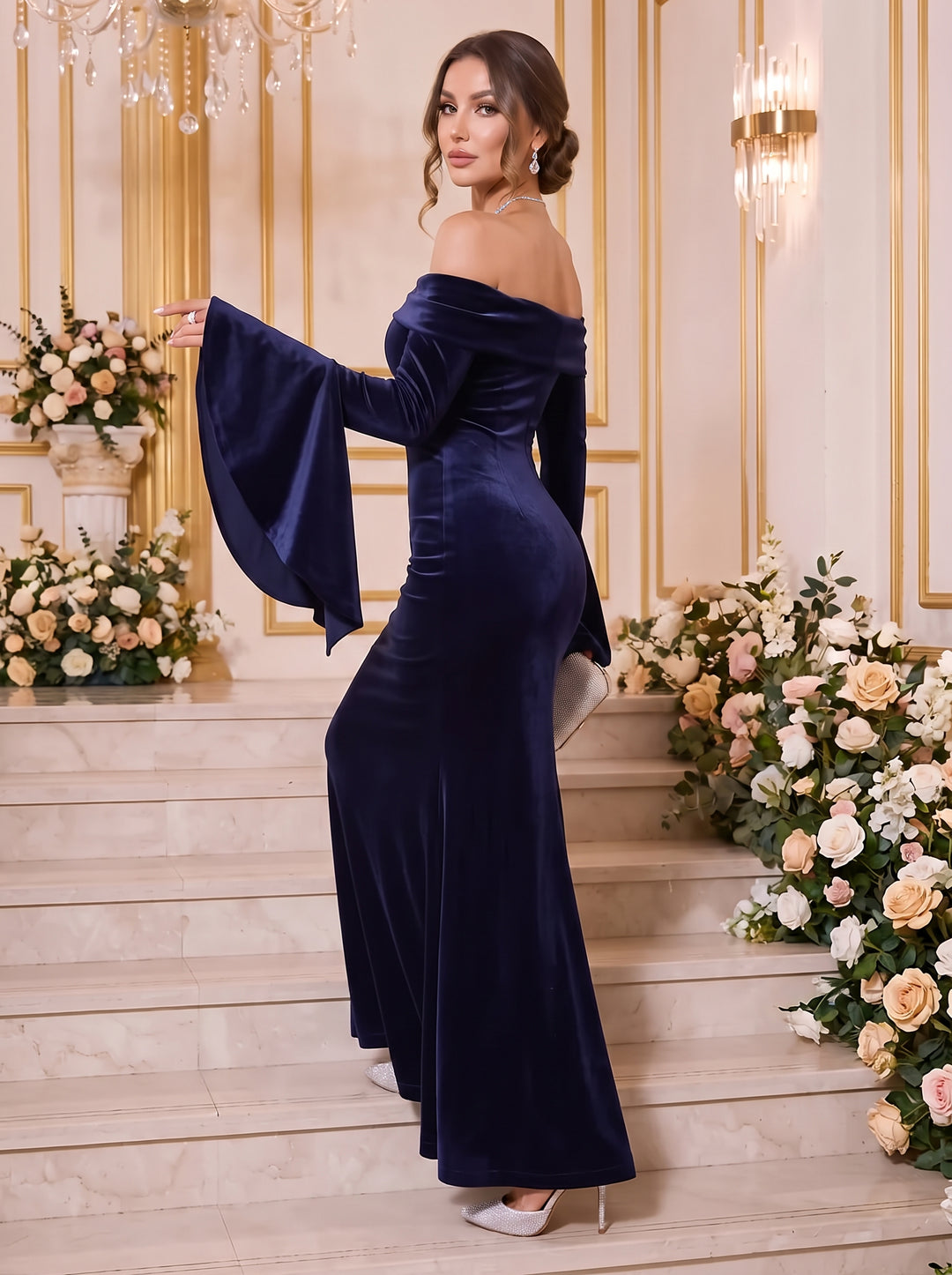 Velvet Mermaid Off the Shoulder Floor Length Fitted Waist Formal Dresses Maxi Evening Dresses