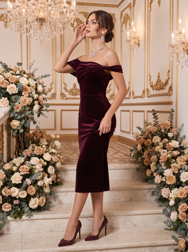 Velvet Sheath Off the Shoulder Tea Length Fitted Waist Formal Dresses Maxi Evening Dresses