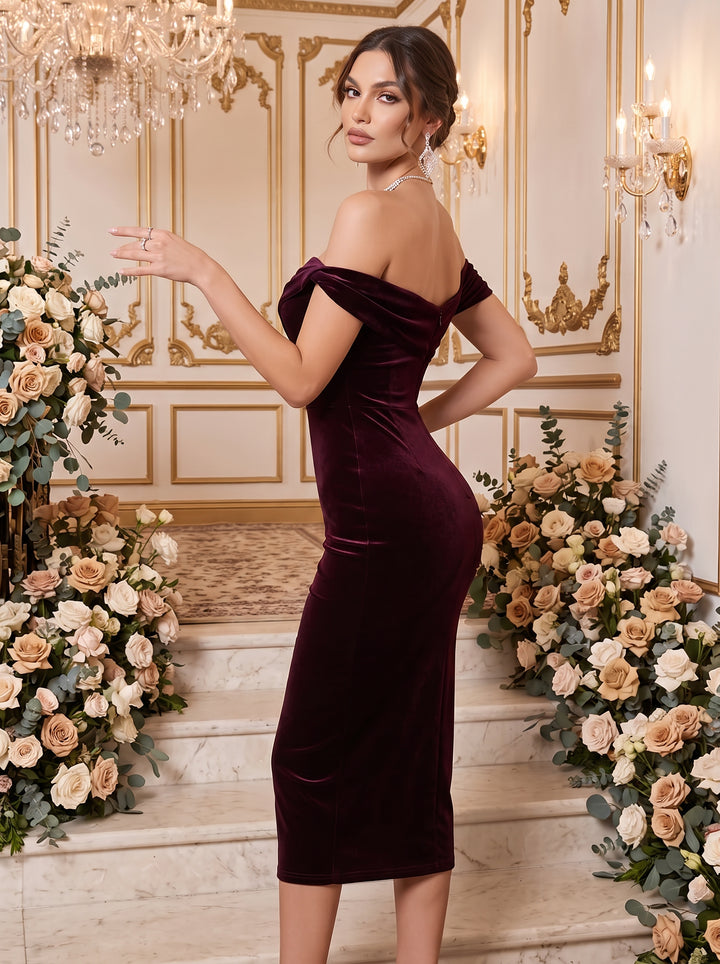 Velvet Sheath Off the Shoulder Tea Length Fitted Waist Formal Dresses Maxi Evening Dresses