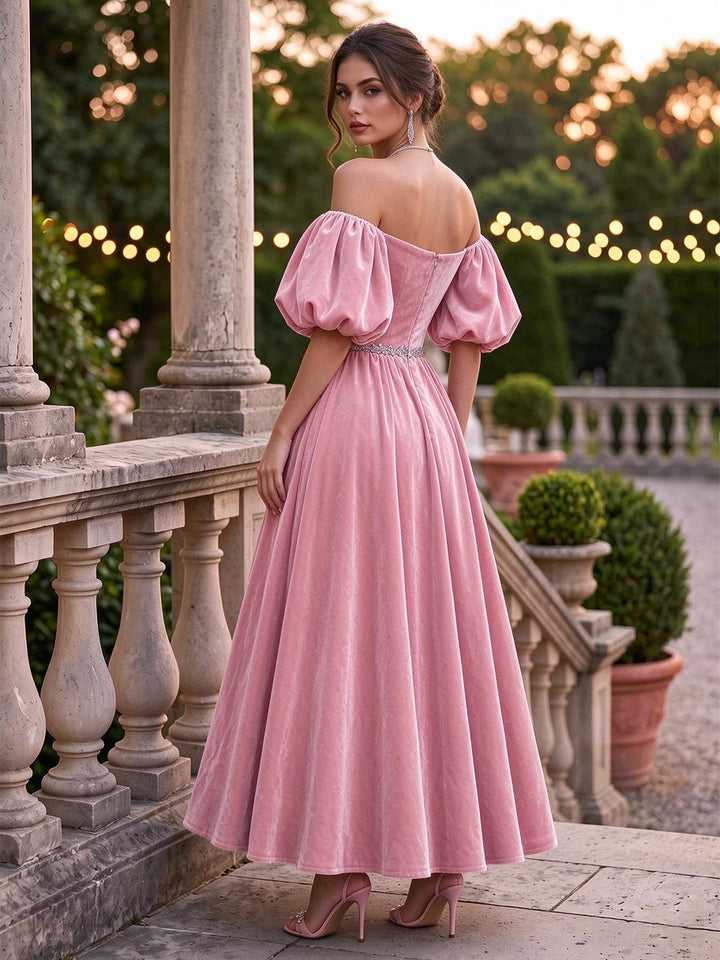 Velvet A Line Off the Shoulder Ankle Length Puff Sleeve Formal Dresses Maxi Evening Dresses