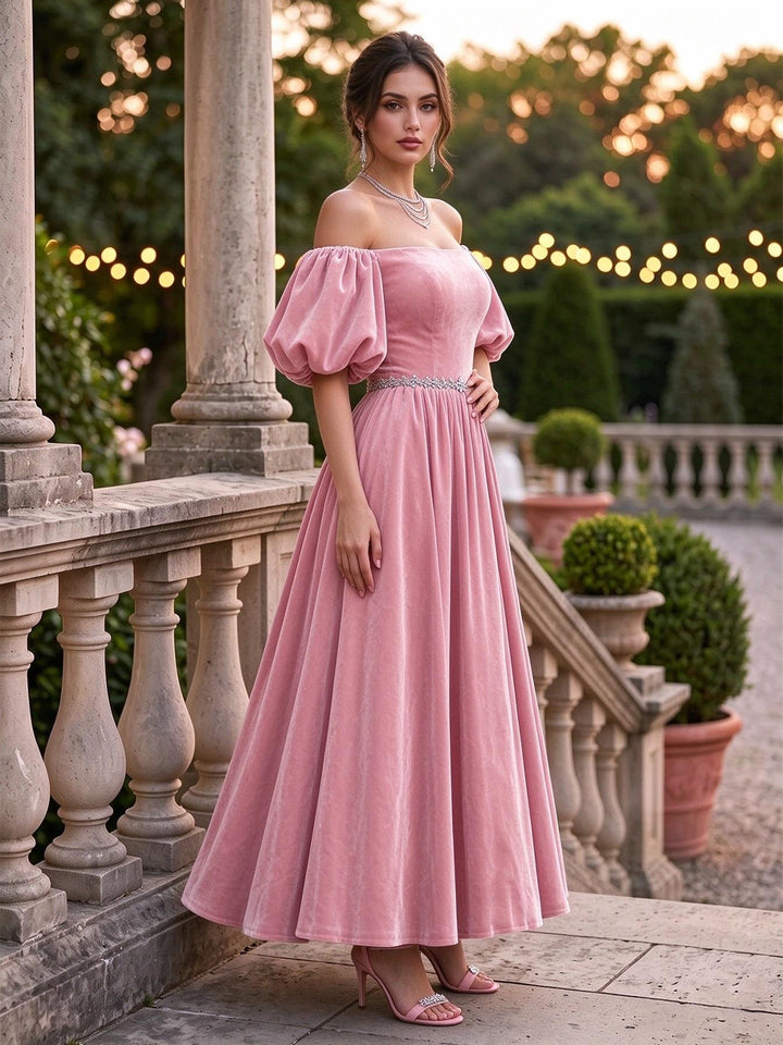 Velvet A Line Off the Shoulder Ankle Length Puff Sleeve Formal Dresses Maxi Evening Dresses