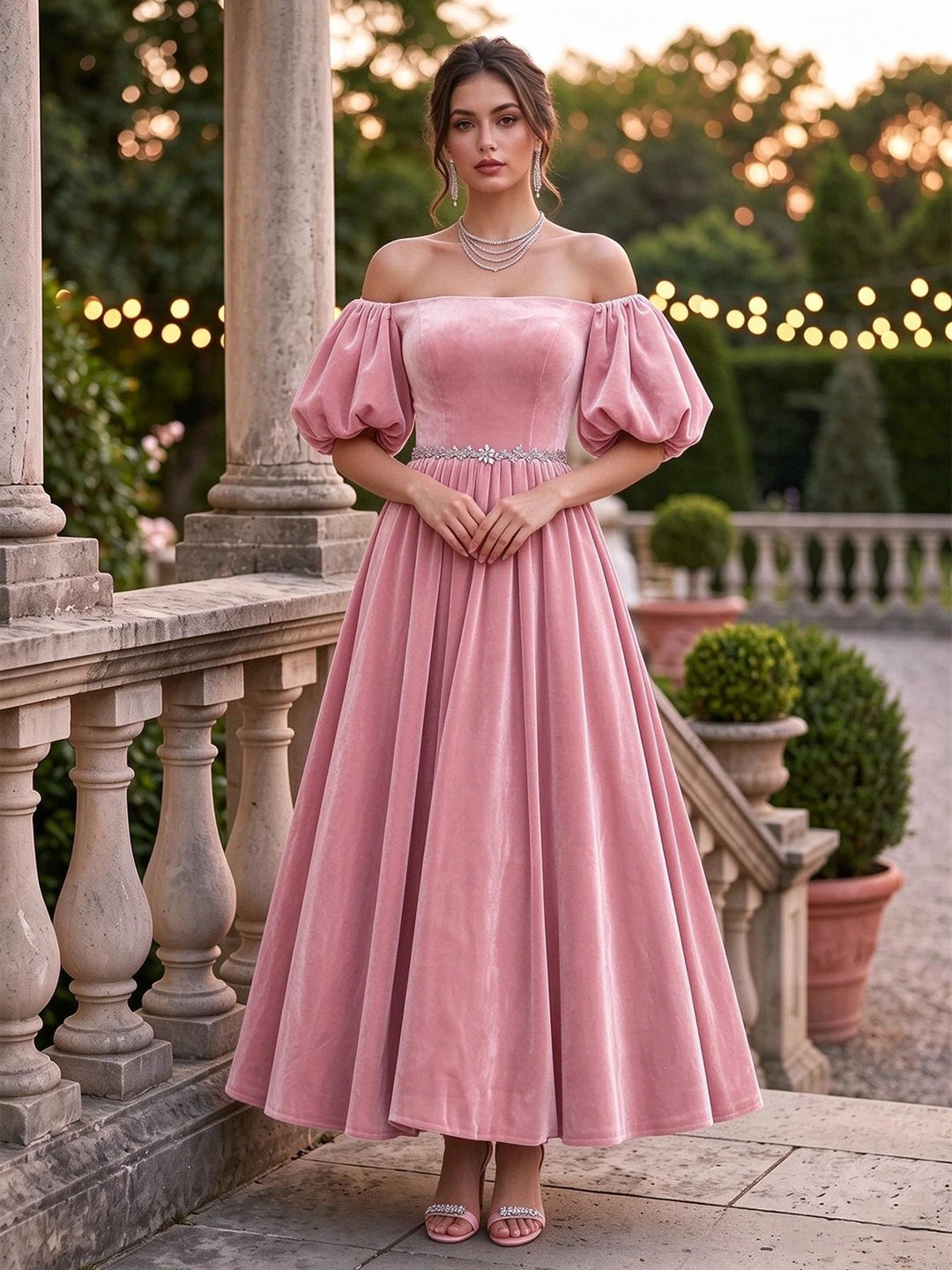 Velvet A Line Off the Shoulder Ankle Length Puff Sleeve Formal Dresses Maxi Evening Dresses