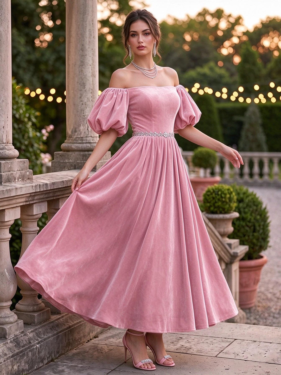 Velvet A Line Off the Shoulder Ankle Length Puff Sleeve Formal Dresses Maxi Evening Dresses