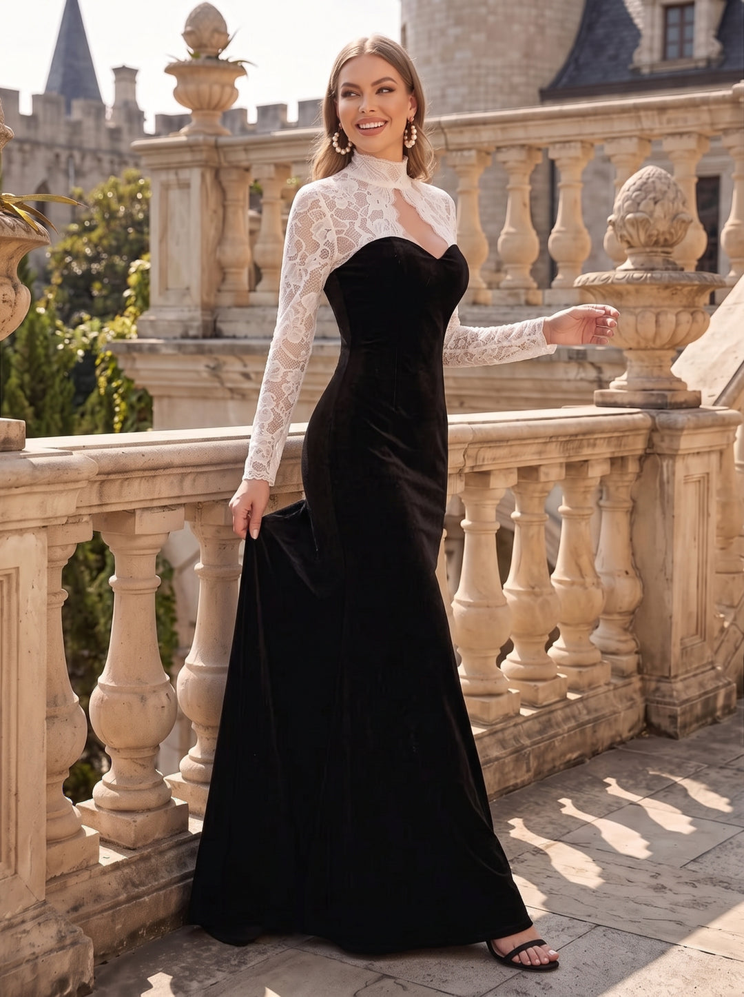 Velvet Mermaid Halter Floor Length Lace Formal Dresses Maxi Evening Dresses