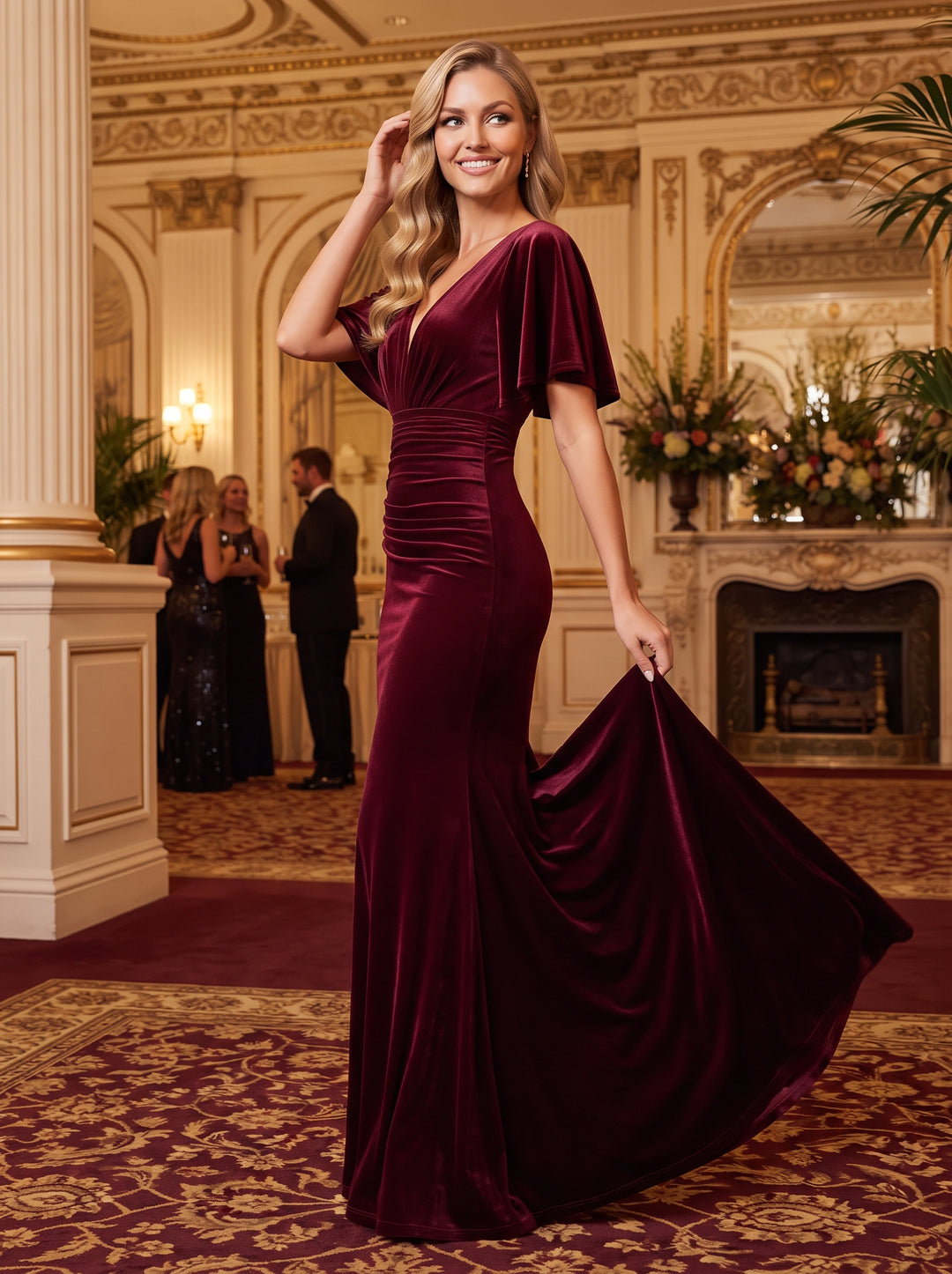 Velvet Mermaid V Neck Floor Length Ruffles Sleeves Formal Dresses Maxi Evening Dresses