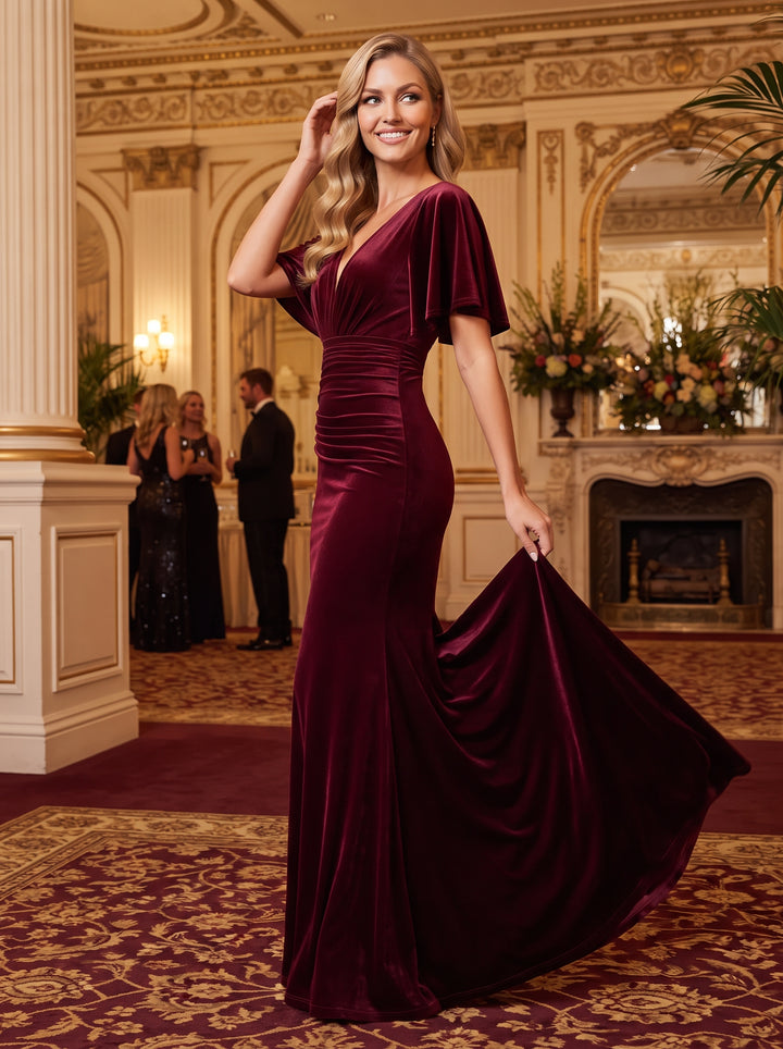Velvet Mermaid V Neck Floor Length Ruffles Sleeves Formal Dresses Maxi Evening Dresses