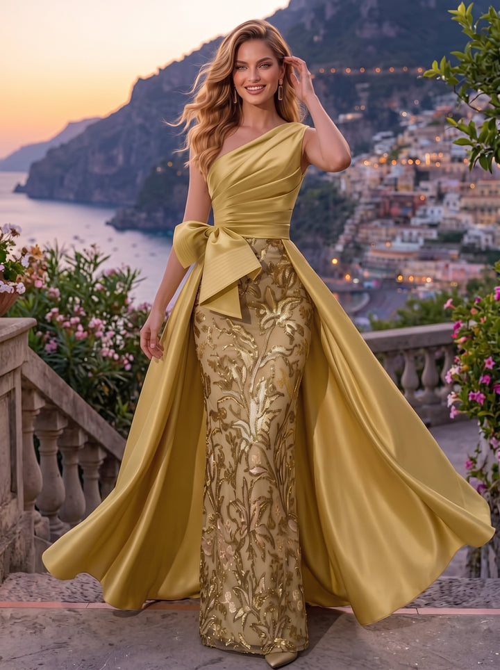 Satin Mermaid One Shoulder Floor Length Sequin Floral Formal Dresses