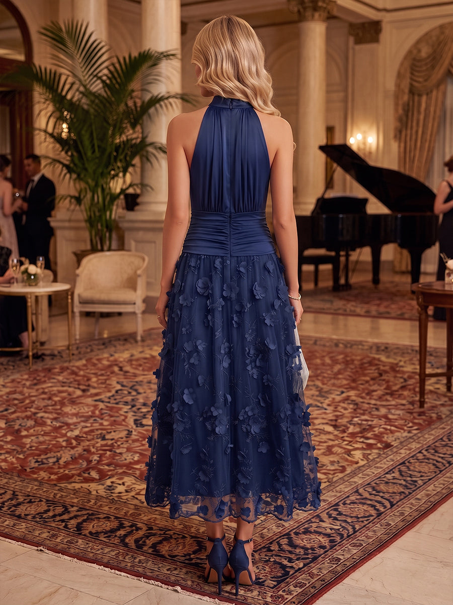 Satin A Line Halter Ankle Length Lace Appliques Cocktail Dresses