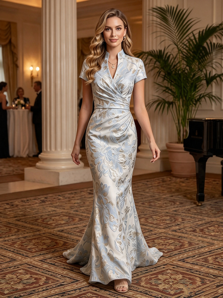 Satin Jacquard Mermaid Stand Collar Floor Length Ruched Waist Formal Dresses