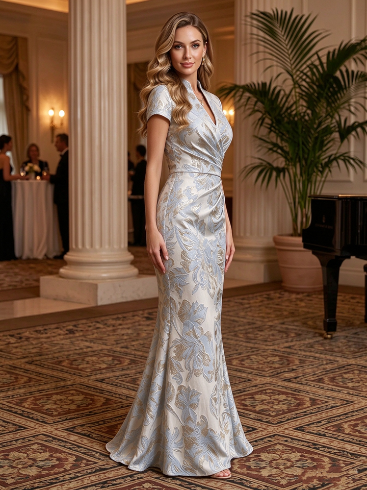 Satin Jacquard Mermaid Stand Collar Floor Length Ruched Waist Formal Dresses