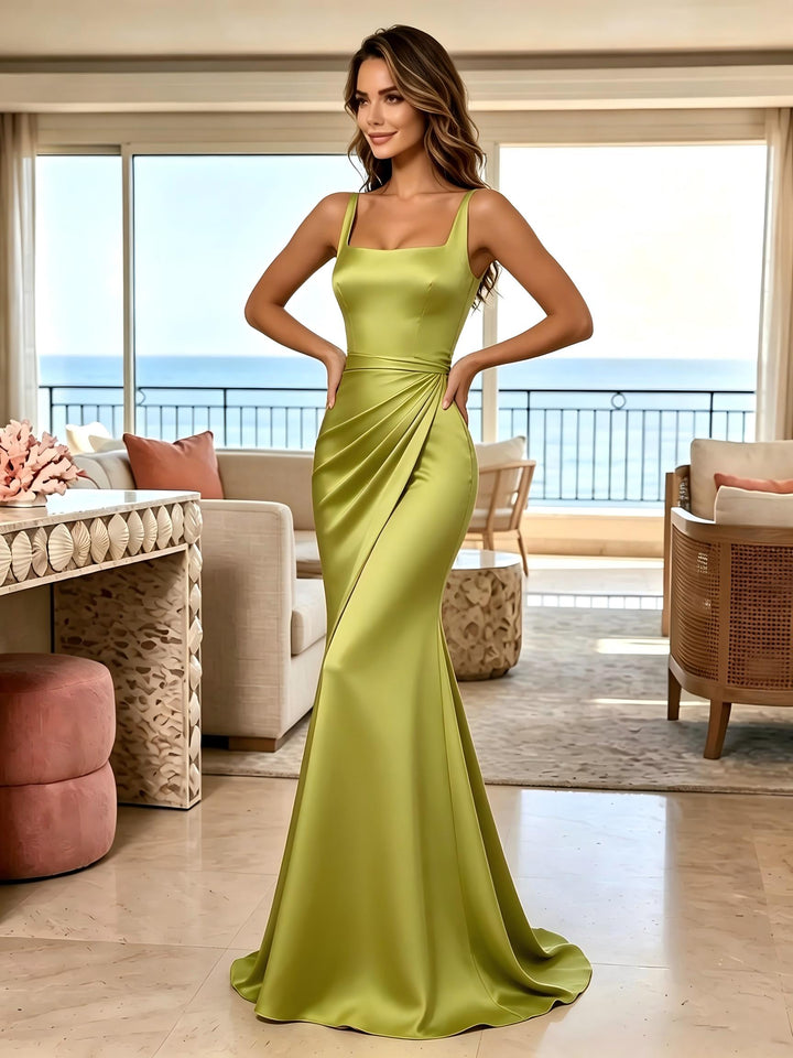Satin Mermaid Square Neck Floor Length Ruched Formal Dresses