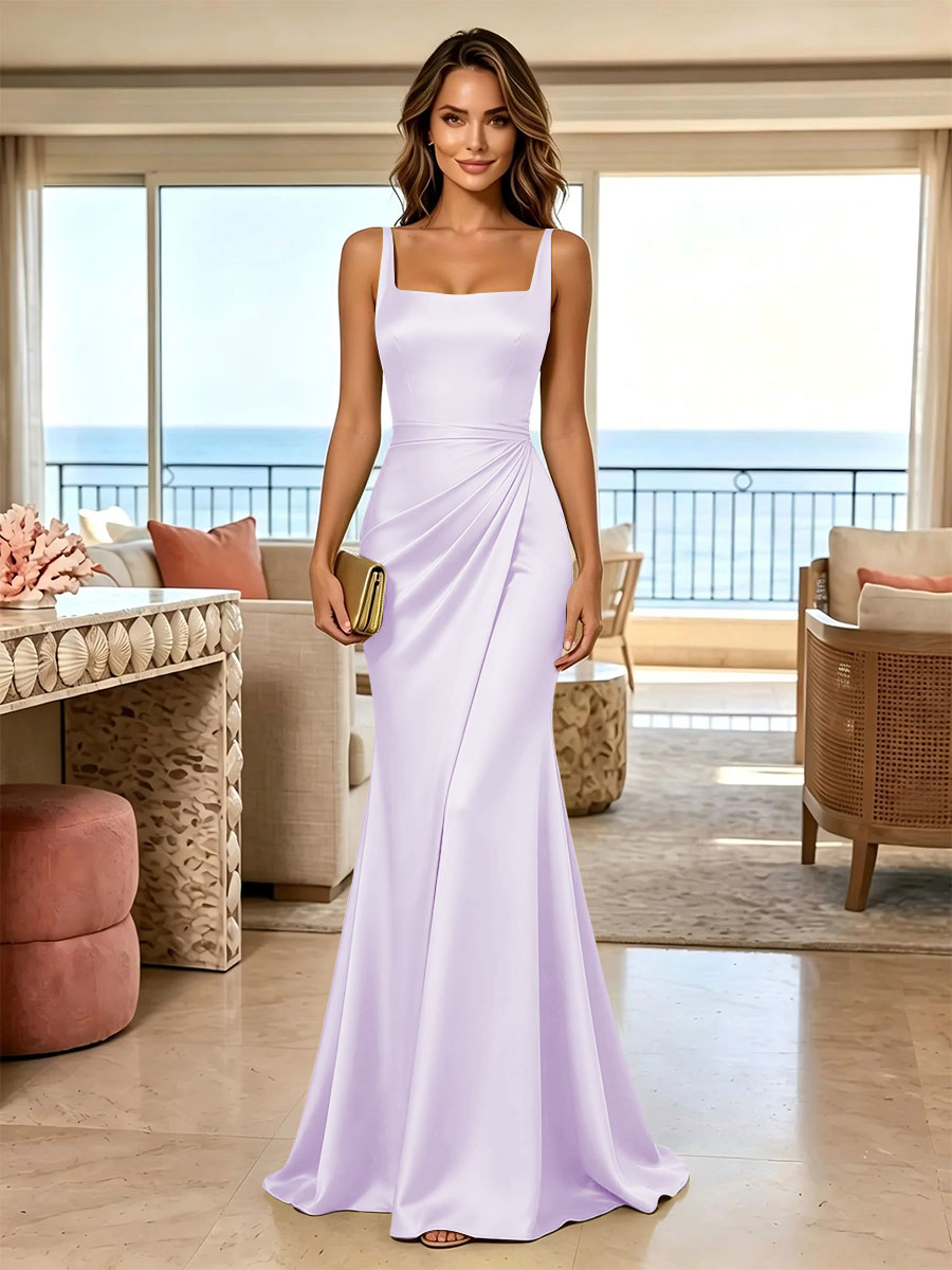 Satin Mermaid Square Neck Floor Length Ruched Formal Dresses