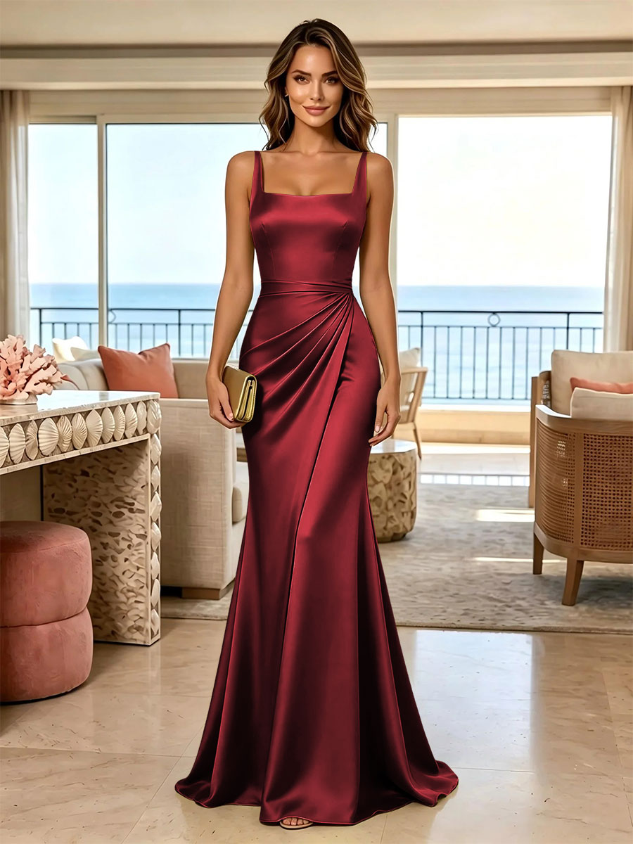 Satin Mermaid Square Neck Floor Length Ruched Formal Dresses