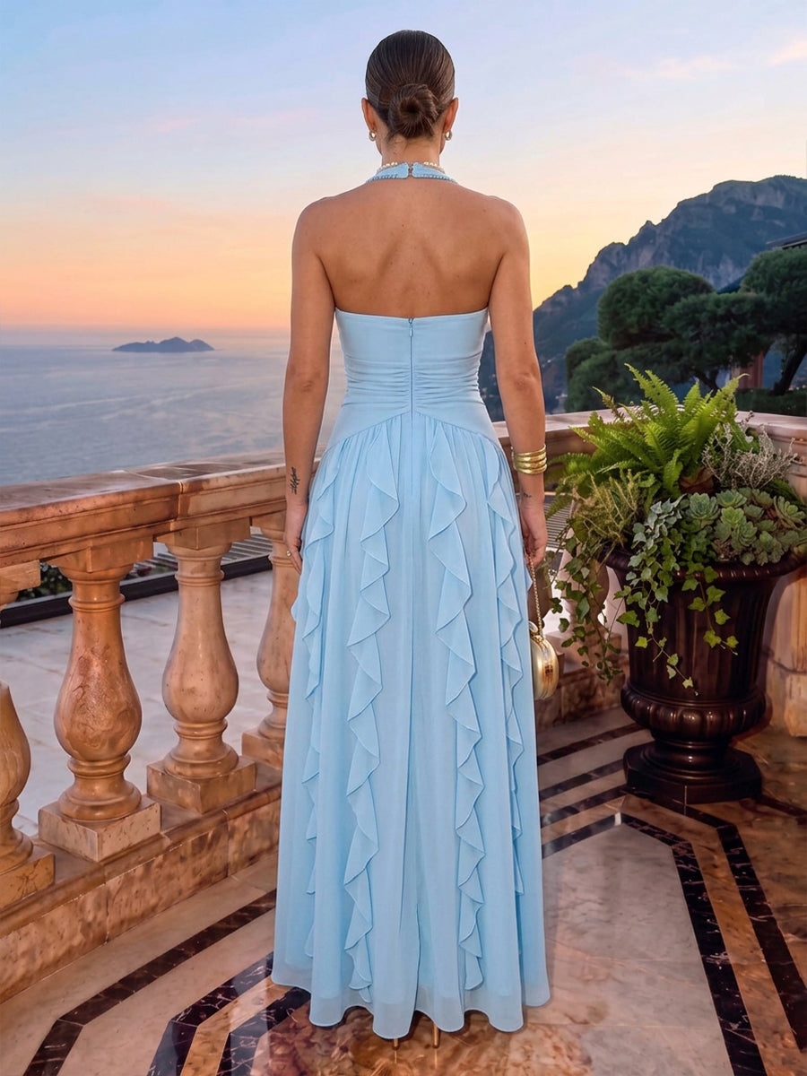 Chiffon A Line Halter Floor Length Ruched Waist Formal Dresses