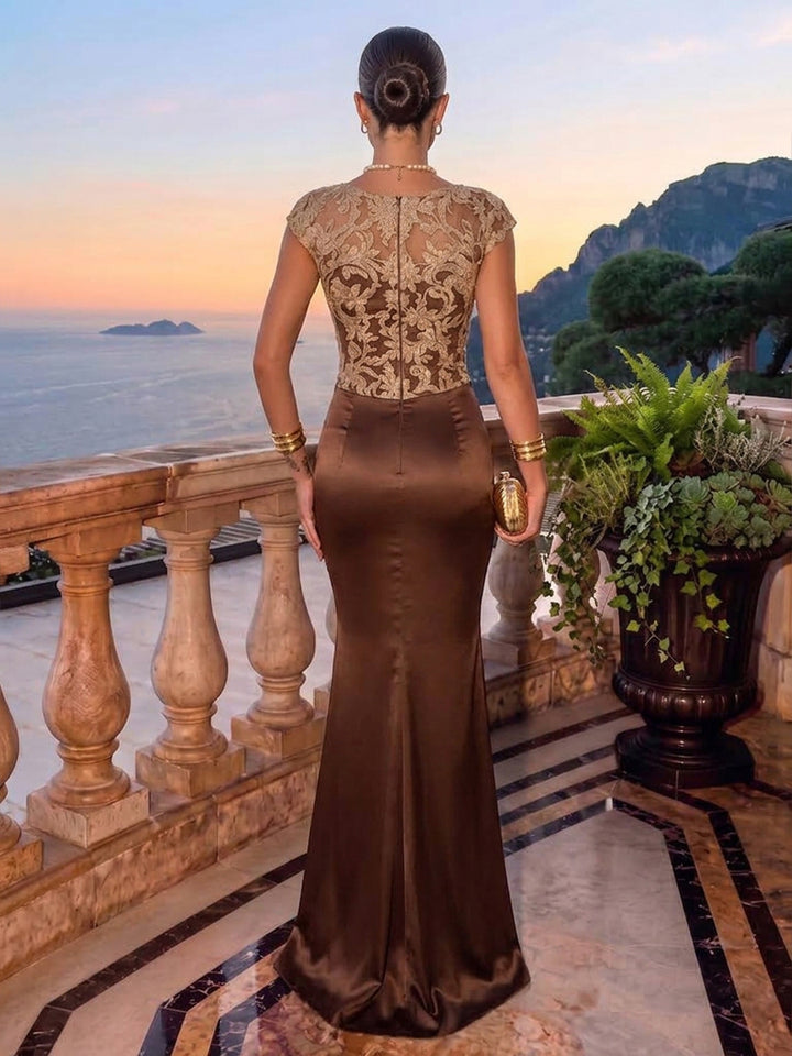 Satin Sheath Jewel Neck Floor Length Ruched Formal Dresses