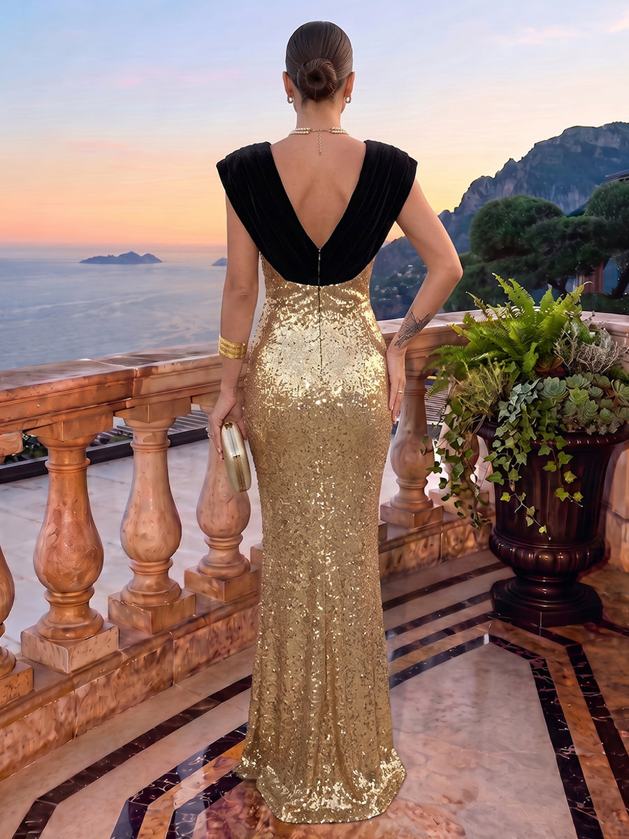 Sequin Sheath V Neck Floor Length Color Blocked Formal Dresses
