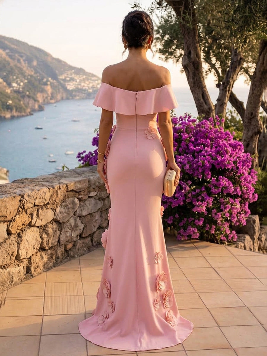 Satin Mermaid Off the Shoulder Floor Length Ruffles Formal Dresses